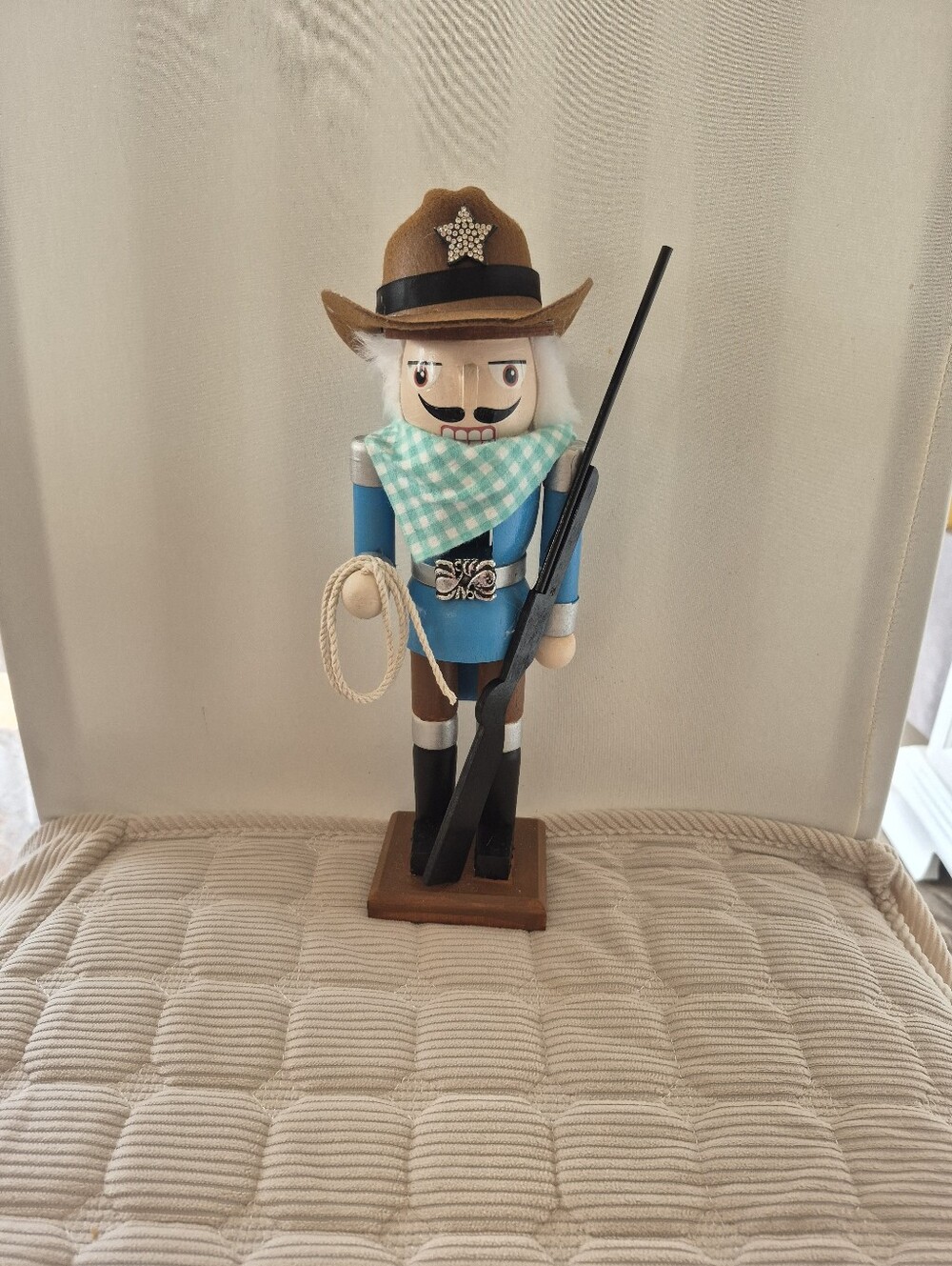 Blue Cowboy Nutcracker with Brown Hat and Rifle